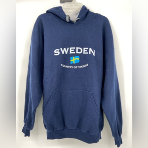 Sweden Logo pullover Navy hoodie with kangaroo pouch Unisex by Gildan‎ SZ Large